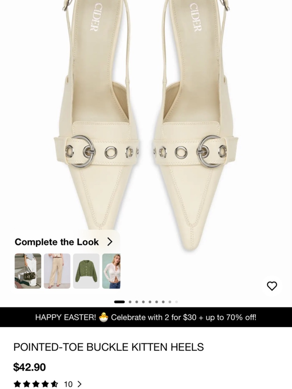 Cider Pointed-Toe Slingback Kitten Heels in Cream with Silver Buckle
